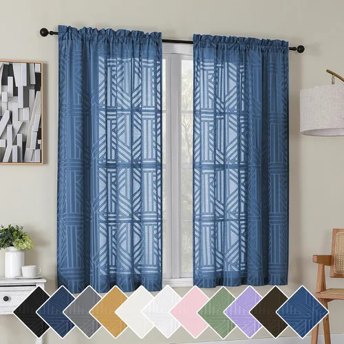 Miniatura 70 de Simplebrand Cortinas traslúcidas negras de cocina de 24 pulgadas de largo, 2 paneles, filtrado de luz, geométrico jacquard con textura, cortinas