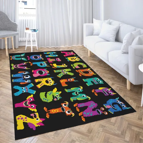 LOKMU Alfombras antideslizantes de dibujos animados de monstruos esponjosos del alfabeto sobre negro, decoración del hogar, alfombra para aula, sala