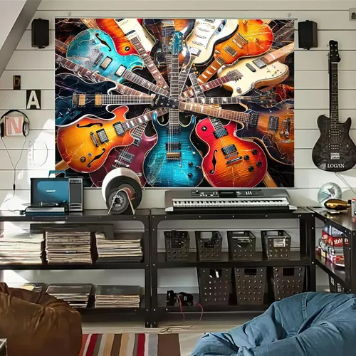 Miniatura 2 de Tapiz musical con temática de guitarra musical, tapiz musical de rock and roll, para colgar en la pared para hombres y niños, decoración de fiesta