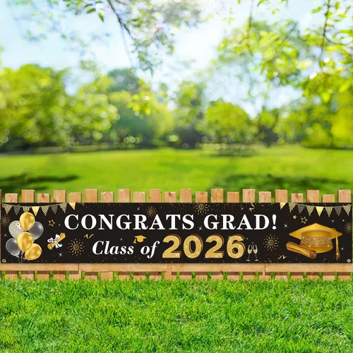 Miniatura 6 de Decoraciones de graduación 2026 Congrats Grad Class of 2026 - Cartel de graduación negro y dorado para patio, decoraciones colgantes para interiores