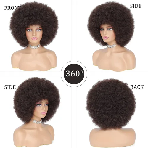Miniatura 2 de Peluca rizada afro de los años 70 para mujer, marrón oscuro, fibras sintéticas, suave, flexible, sin desprendimiento, correas ajustables Marrón/Negro