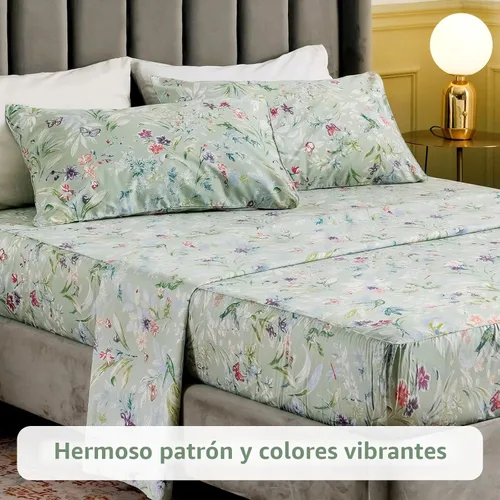 Miniatura 6 de QSH Juego de sábanas tamaño King con estampado floral - Estampado botánico de flores verdes, pájaros y mariposas, ropa de cama de algodón egipcio