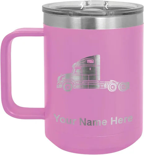 Miniatura 20 de LaserGram Taza de café aislada al vacío de 15 onzas, cabina de camión, grabado personalizado incluido (negro)