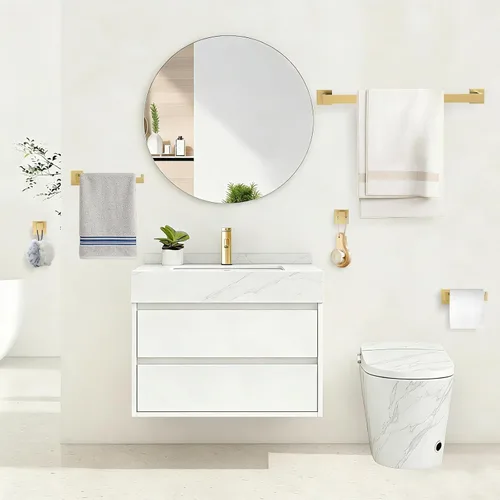 Miniatura 6 de TURS Juego de accesorios de baño de 5 piezas de acero inoxidable cepillado dorado para toallero, montaje en pared, Q7LSJ-P5 Oro cepillado