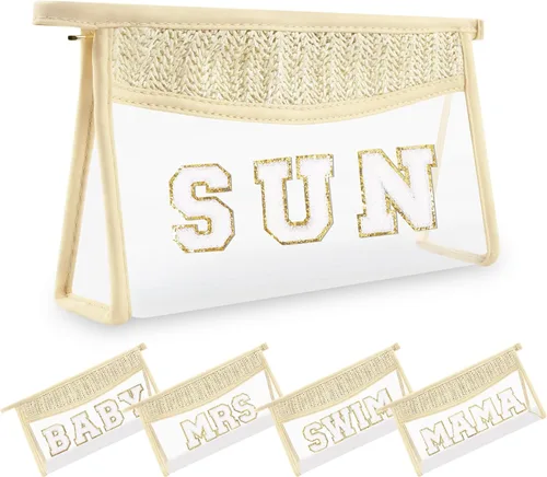 Miniatura 15 de Pequeñas bolsas de maquillaje transparentes de paja bohemia para mujeres y niñas, bolsa de cosméticos con cremallera de chenilla, bolsa de parche