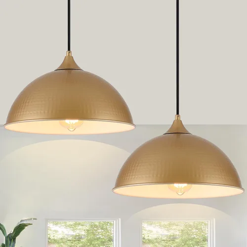Miniatura 11 de Luces Colgantes Isla de Cocina, 12" Lámpara Colgante de Cúpula Negra y Dorada Vintage Industrial Luminarias Colgantes para Casa de Campo Comedor