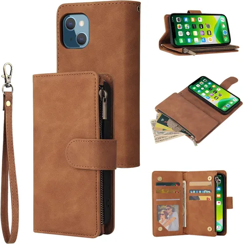 Miniatura 10 de UEEBAI Funda para iPhone 13 de 6.1 pulgadas, Cartera de piel sintética retro a prueba de golpes con función de soporte de ranuras para tarjetas