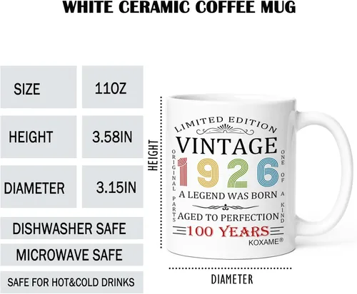 Miniatura 2 de Regalos de cumpleaños número 100 para hombres, taza de café vintage de 1926 de 11 onzas para mujeres, regalo de broma para hombre de 100 años