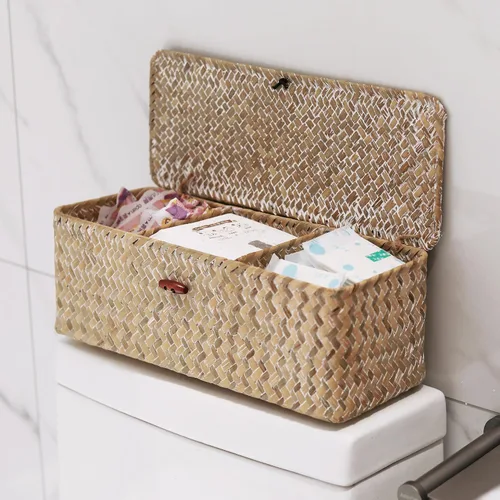 Miniatura 8 de Cesta de Almacenamiento de Seagrass Blanqueado con Tapa Tejida para Rollos de Papel Higiénico con Secciones Rectangular para Organizar Snacks