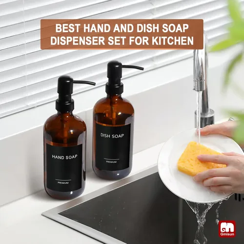 Miniatura 6 de Dispensador de jabón de vidrio ámbar GMISUN, juego de 2 dispensadores de jabón de mano para baño con bomba de acero inoxidable, juego de dispensador
