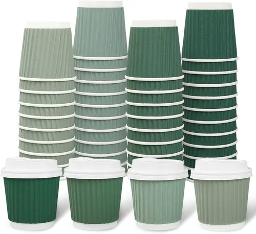Miniatura 19 de Whaline 100 tazas de café desechables de color azul polvoriento de invierno con tapas, tazas de papel azul degradado de 12 onzas, tazas calientes