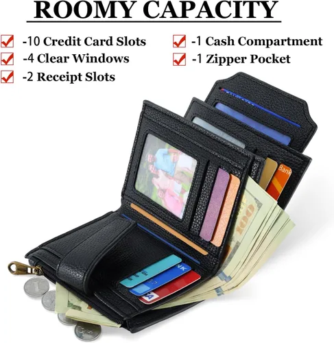Miniatura 2 de Carteras de cuero para mujer con bloqueo RFID, billetera delgada, plegable, tarjetero con cremallera, bolsillo para monedas, ventana
