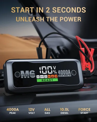 Miniatura 2 de MOSTOOL M6 4000A Arrancador con pantalla HD inteligente, paquete de arranque portátil de 12V y refuerzo de batería de coche con carga rápida