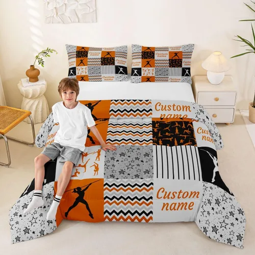 Miniatura 33 de Juego de edredón de softbol personalizado, juego de ropa de cama de retazos a cuadros para niños y niños, edredón de bate de béisbol, juego
