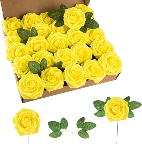 Miniatura 22 de Rosa artificial de espuma de 25 piezas de rosas falsas de aspecto real con tallos y hojas para decoración del hogar, fiestas, jardín, centros