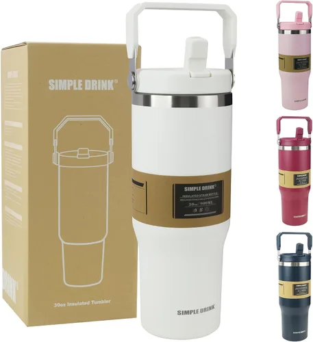 Miniatura 11 de Botella de agua aislada con pajilla abatible de 30 onzas con asa, vaso de acero inoxidable a prueba de fugas, taza de café de viaje al vacío