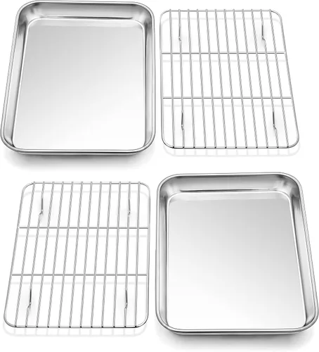 Miniatura 9 de P&P CHEF Sartenes para horno tostador de 9 pulgadas con estantes, 4 piezas de bandeja de horno de acero inoxidable para hornear y estante