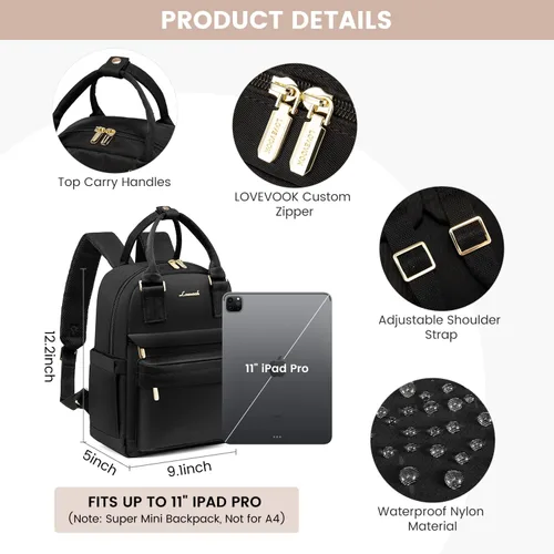 Miniatura 5 de LOVEVOOK Mini mochila para mujeres y niñas, elegante mochila impermeable con puerto USB, bonita mochila para la escuela, viajes, fiestas, Negro