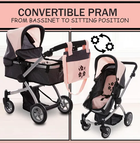 Miniatura 3 de Dolls To Play Cochecito Convertible de Muñeca Bebé para Niños, Mango Ajustable Carrito Buggy Plegable con Toldo y Cesta de Almacenamiento, Ruedas