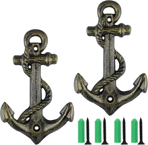 2 ganchos de anclaje para abrigos, ganchos náuticos de pared, soporte vintage de hierro fundido para colgar toallas, bolsos, batas, decoraciones