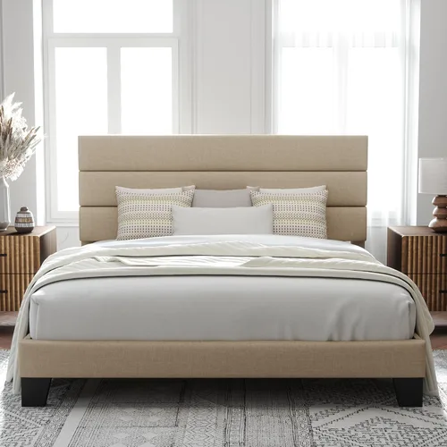 Miniatura 28 de Allewie - Base de cama de plataforma matrimonial con cabecera tapizada de tela y soporte de listones de madera, base de colchón totalmente tapizada