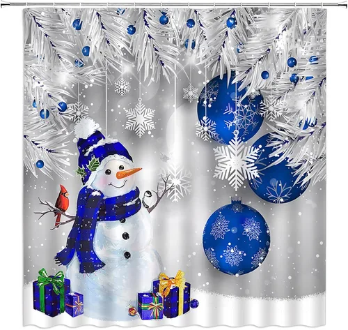 GCTNBJL Cortina de ducha de muñeco de nieve de Navidad, muñeco de nieve azul, bola de Navidad, pino, copo de nieve, pájaro, vacaciones de invierno,