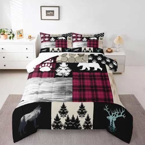 Miniatura 28 de Manfei Rutic Farmhouse - Juego de edredón tamaño King, juego de ropa de cama de retazos de madera a cuadros de ciervo, oso, árbol, 3 piezas