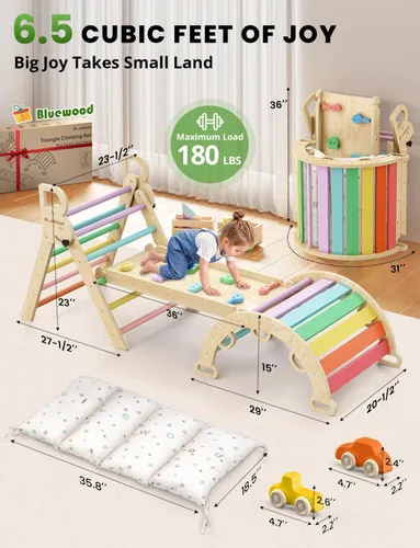 Miniatura 2 de BlueWood Conjunto de Triángulo Pikler con Cojín - Juguetes de Escalada para Niños Pequeños 9-en-1, Gimnasio de Juegos con Filosofía Montessori