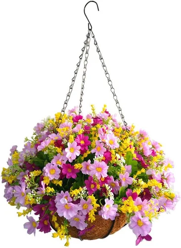 Cesta colgante de cadena de flores de seda, maceta artificial de margaritas moradas, flores falsas (cesta mediana)