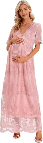 Miniatura 2 de ZIUMUDY Vestido de novia de maternidad con cuello en V y encaje floral de manga corta para sesión de fotos, baby shower