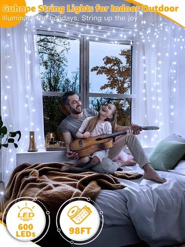Miniatura 2 de Guhope - Luces de Navidad 600LED 98 pies, luces de cadena impermeables para exteriores con control remoto y temporizador, 8 modos de luces de hadas