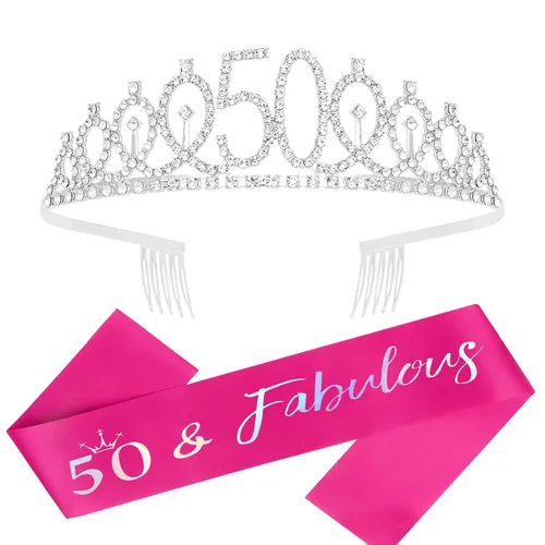 Miniatura 10 de Kit de tiara y banda de cumpleaños "50 & Fabulous", regalos de cumpleaños 50 para mujeres, decoraciones de fiesta de cumpleaños 50 (plateado)