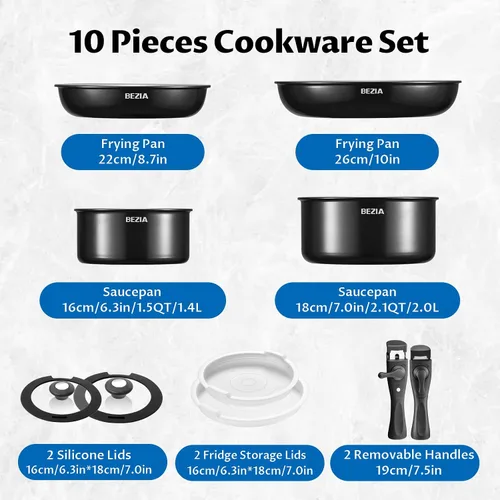 Miniatura 6 de BEZIA Utensilios de cocina de inducción con revestimiento de cerámica saludable, juego de ollas y sartenes antiadherentes, 10 piezas con asas