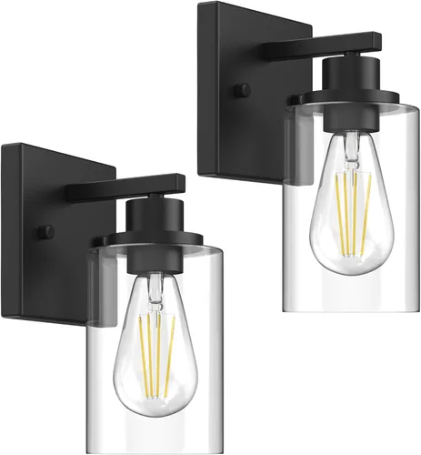 Miniatura 12 de Kalium Juego de apliques de pared de dos piezas, luces de tocador modernas con pantalla de vidrio transparente doble en negro mate para interiores