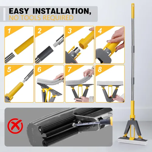 Miniatura 5 de Masthome Trapeador de esponja, mopa de esponja con rodillo con 3 recambios absorbentes de PVA, mopas de esponja autoexprimibles y mango de acero