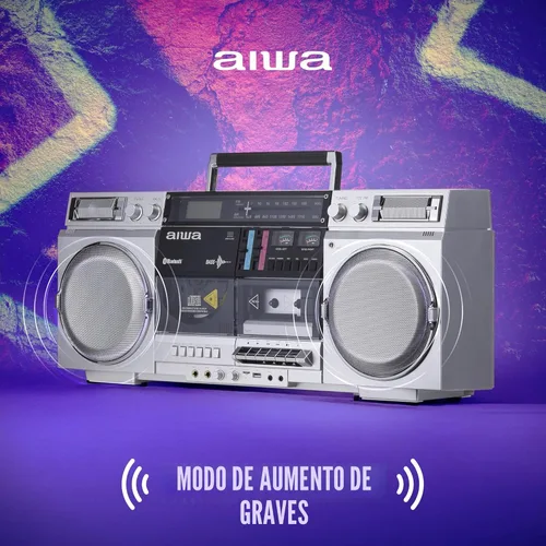 Miniatura 5 de aiwa Reproductor de CD Boombox retro con grabación de cassette, Bluetooth 5.0, radio FM/AM, entradas USB/SD/AUX, medidores VU, pantalla LCD, Plateado