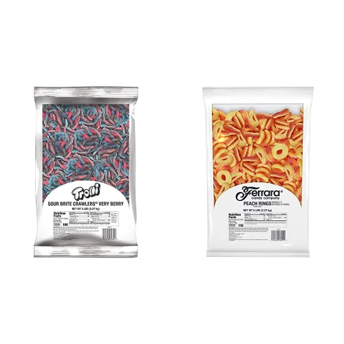 Trolli Sour Brite Crawlers Very Berry and Peachie O's Sour Gummy Rings Candy | Bolsas a granel de 10 libras