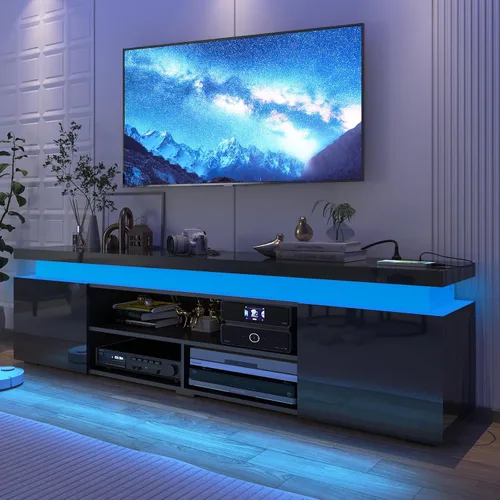 Miniatura 12 de Hlivelood Soporte de TV LED para TV de 75 pulgadas, moderno soporte de TV con toma de corriente, consola de TV de alto brillo con almacenamiento