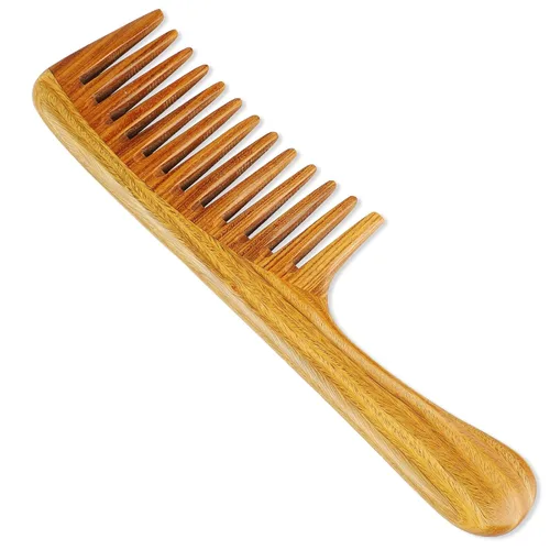 Miniatura 6 de Onedor Peine de pelo de sándalo verde natural, peine desenredante extragrande, 100% natural, antiestático, hecho a mano, marrón claro, para todas