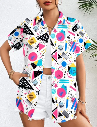 Miniatura 2 de Trajes de los años 80 para mujer, camisa de neón de los años 80 y 90, camisa retro para fiesta temática de discoteca, camisa hawaiana con botones