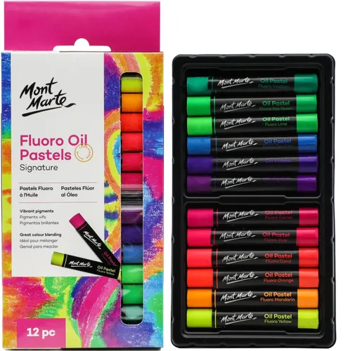 Mont Marte Fluoro - Juego de 12 pasteles al óleo, 12 colores surtidos, juego de pastel al óleo vibrante, gran mezcla y capas, ideal para arte,