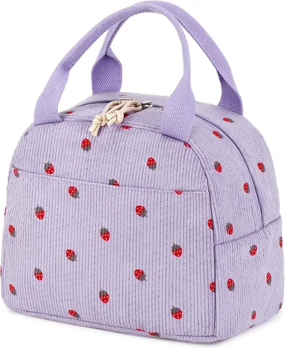 Miniatura 28 de Bluboon Bolsa de almuerzo para mujer, bonita bolsa de almuerzo de pana con correa para el hombro, reutilizable, aislada, gran capacidad
