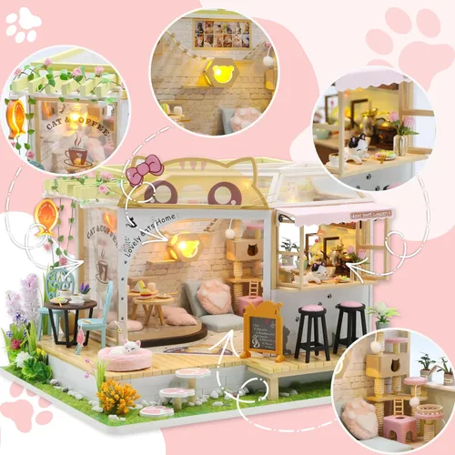 Miniatura 5 de Kit de casa de muñecas en miniatura Kisoy con muebles, modelo de casa hecho a mano DIY para adolescentes, regalo para adultos (Café Gato Jardín)