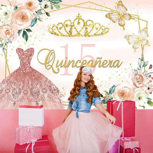Miniatura 2 de Telón de fondo de quinceañera para cumpleaños número 15, vestido de princesa rosa, telón de fondo de quinceañera para niña dulce, corona dorada