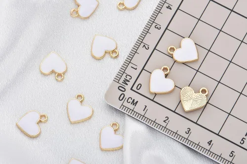 Miniatura 3 de Paquete de 80 dijes de esmalte blanco con forma de corazón con anillo lateral, dijes chapados en oro de estilo Hawaii para collares, pulseras