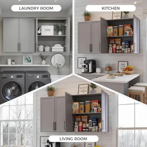 Miniatura 8 de Furnaza Armario de Pared para Lavandería de 30" de Ancho con Estante Ajustable, Armarios de Cocina Montados en la Pared con Dos Puertas Shaker