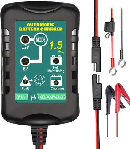 Cargador de batería automático de 6V 12V 1.5A, cargador de goteo adecuado para baterías de plomo-ácido AGM Gel SLA VRLA de celda húmeda, baterías de