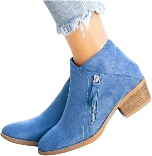 Miniatura 6 de Botas para mujer, botines de tobillo 2022, a la moda, de otoño, con cremallera lateral, punta puntiaguda, bloque grueso, tacón medio, liso, casual