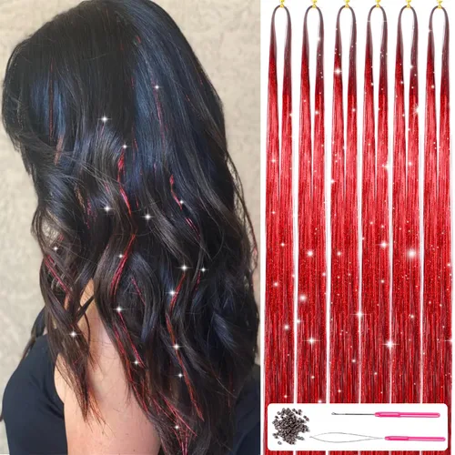 Miniatura 9 de Kit de oropel para el cabello con herramientas de 47 pulgadas, 1200 hebras de extensiones de cabello de oropel con purpurina, kit de mechones