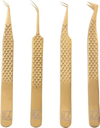 M LASH - Pinzas para extensiones de pestañas (juego de 4), pinzas profesionales para extensiones de pestañas, punta de fibra, acero japonés, juego